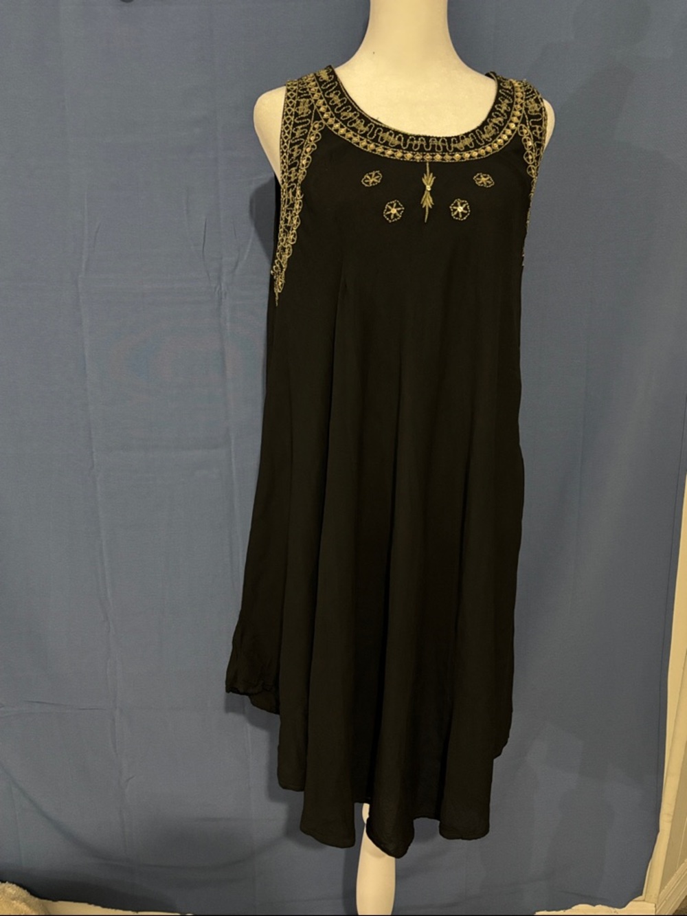 Black Midi Dress with Gold Embellished Neckline